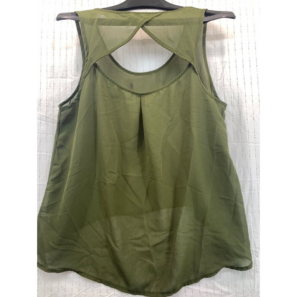 Iris Basic Womens Top Sz M Olive Green Gold Metal Skulls Goth Sheer CutOut HiLow - Picture 3 of 7
